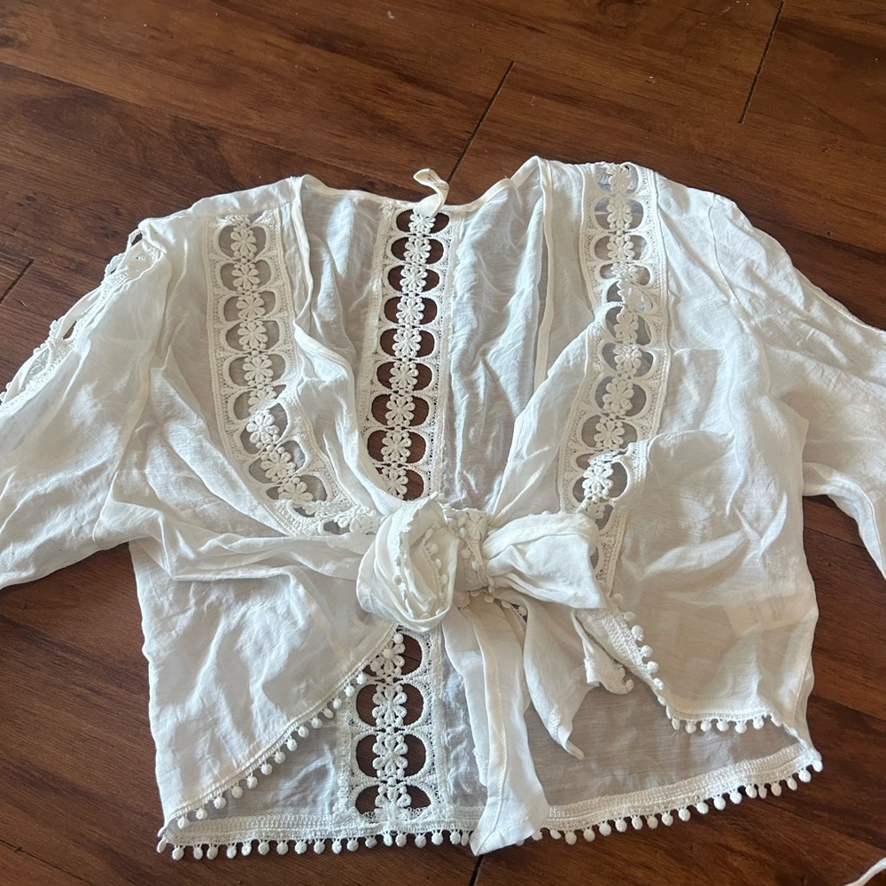 White Embellished Tie Front Blouse